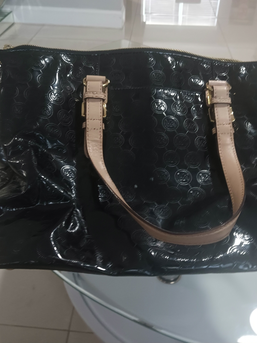 Michael Kors Patent Leather Tote Bag with Contrast Handles - Black